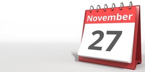 November 27 date on the flip calendar page, 3d rendering