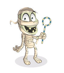 Naklejka premium Cartoon cheerful mummy character holding his scepter