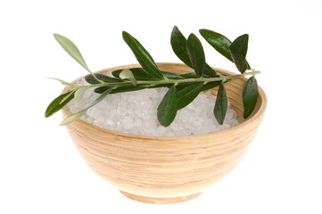 fresh olive branch and bath salt isolated on the white backgroun
