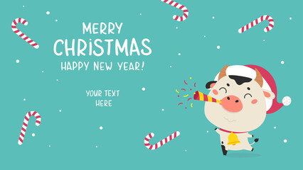 Christmas sale design template.Christmas banner.Xmas cute ox with holiday candies on the background.New year design of poster, card, headers website with font.Vector cartoon illustration