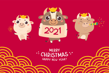 Happy Chinese new year greeting card 2021.Funny animal in the Chinese zodiac.Bull zodiac symbol of the year.Chinese New Year character design concept.Three cute bull.Vector illustration