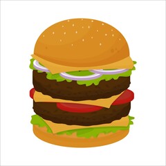 Detailed double cheeseburger isolated on white background. Fast food menu, takeaway meal, tasty big, classic burger. One object, clipart.