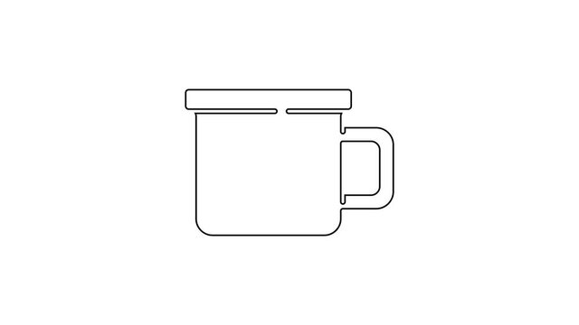 Black line Camping metal mug icon isolated on white background. 4K Video motion graphic animation.