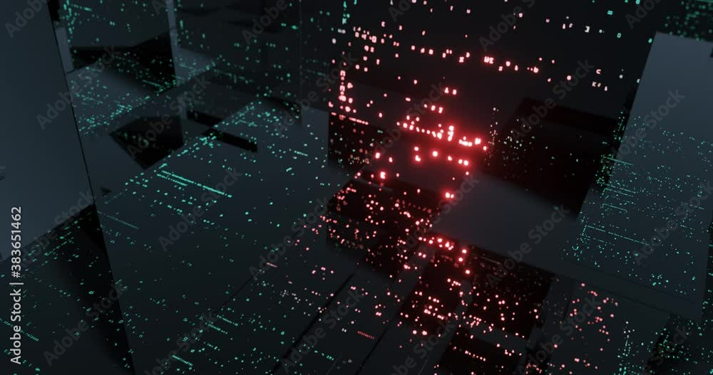 Poster Reflective screen with programming language code running. System engineering, concept of modern games or apps creation. encoding data and processing code. 3D render, 4K seamless loop