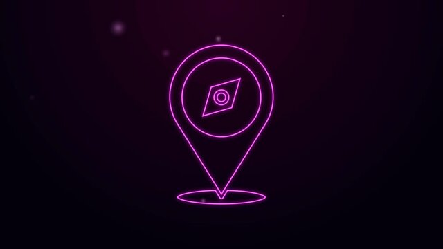 Glowing neon line Compass icon isolated on black background. Windrose navigation symbol. Wind rose sign. 4K Video motion graphic animation.