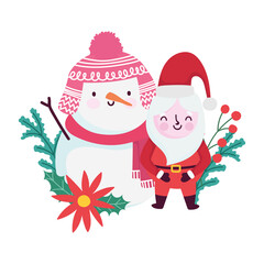 merry christmas, cute santa and snowman flower holly berry, isolated design