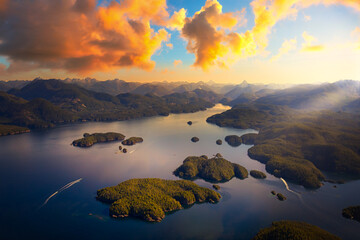 Beautiful aerial view of the west coast on Vancouver Island. Picture taken in Bligh Island Marine...