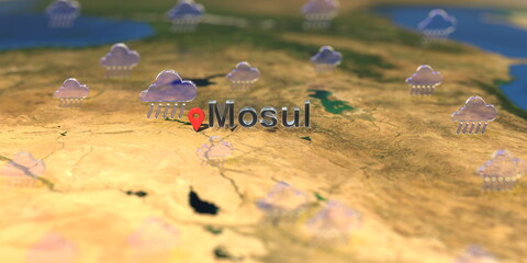 Rainy weather icons near Mosul city on the map, weather forecast related 3D rendering
