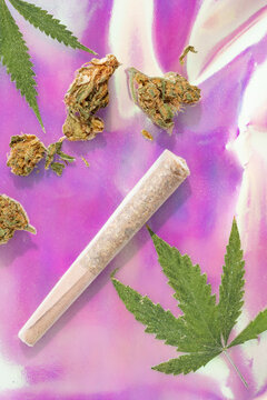 Prerolled marijuana joint with cannabis flower on a colorful psychedelic background. Cannabis leaves and weed for personal consumption. 