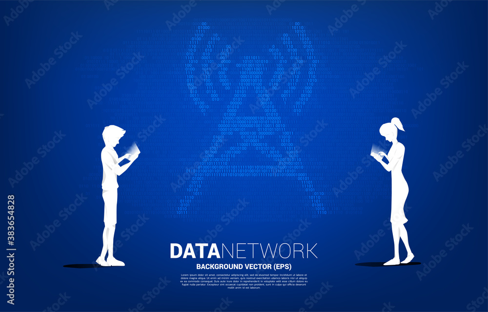 Poster Silhouette of man and woman use mobile phone with antenna tower icon binary code style. Concept for data transfer of mobile and wi-fi data network.