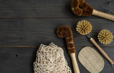 Zero waste kit. Set of eco friendly cleaning brushes, mesh cotton bags and loofah. Natural and...