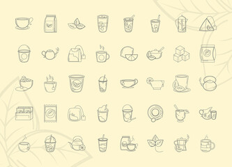 tea, fresh beverage traditional teapot cups teabag sugar leaf, icons set line style