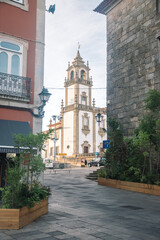 walk around the city. church located between the houses. urban landscape