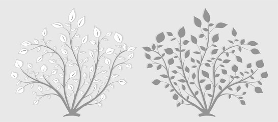 Bush plants with branches and leaves in vintage style in two versions on a gray background