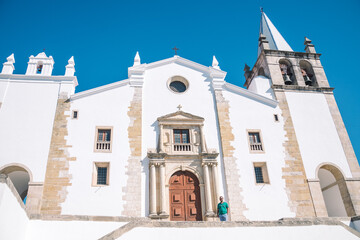 Entrance to the church. Large wooden door. beautiful landscape of a large and tall church built of white stone. church in portugal. church with a tower with bells