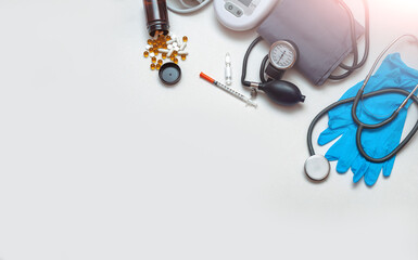 Different medical objects on white background. Health care. Top view. Place for text. Copy space. Banner