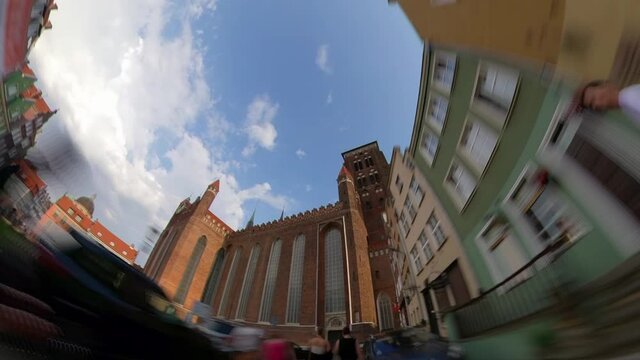 Hyper Lapse Walking Along Old Town Street with Tenement Houses in Gdansk Poland