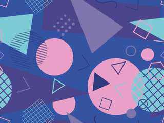 Seamless pattern with geometric shapes in the style of the 80s. Trendy retro background for printing on paper, advertising materials and fabric. Vector illustration
