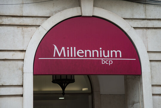 Lisbon - Portugal - 30 September 2020 - Closeup of millennium bcp logo on bank agency facade