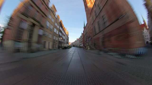 Hyper Lapse Walking Along Old Town Street with Tenement Houses in Gdansk Poland