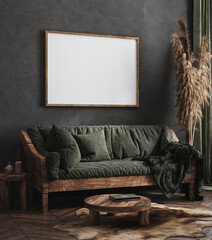 Mock up poster frame in dark green living room interior, ethnic style, 3d render