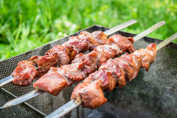 Hot shish kebab on metal skewers