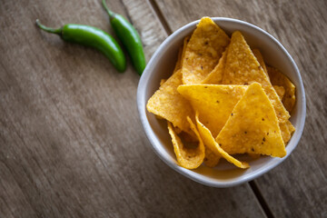 Corn Tortilla Chips in a Bowl, Top View, Copy Space