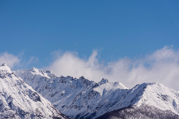 Fototapeta na wymiar Snow covered Andes mountains during winter season in Patagonia, Argentina