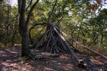 Small lean-to hut called Sasquatch Hut 1 on the Breakneck Ridge hiking trail near Cold Spring, New York ion the Lower Hudson Valley © Kyle Tunis