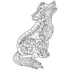 drawn dog with floral ornaments on a white background for coloring, vector