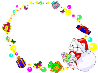 Fototapeta na wymiar サンタクロースの格好をした猫とカラフルなクリスマスモチーフで描かれたフレーム・背景