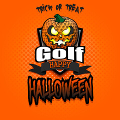 Happy Halloween. Template golf design. Logo golf ball in the form of a pumpkin on an isolated background. Pattern for banner, poster, greeting card, flyer, party invitation. Vector illustration