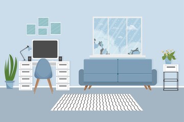 Modern interior in elegant colours with workplace, computer, lamp, cozy sofa, chair, plants and window stock vector illustration. Empty room for your design. Cabinet