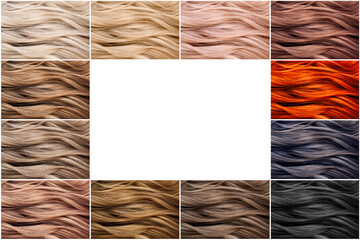 Hair color palette with a range of swatches showing the different colors of the dyes on hair...