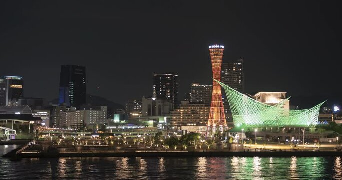 神戸のタイムラプス / 海を望むメリケンパークの夜景