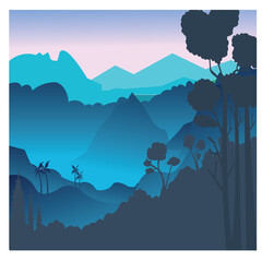 night forest mountain landscape illustration, flat vector design background
