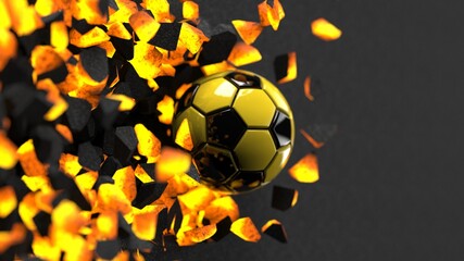 Black-Yellow Soccer ball breaking with great force through a hot iron wall under spot light background. 3D high quality rendering. 3D illustration.