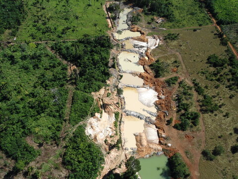 aerial view of gold mining area in Amazon forest region, Para state, Brazil