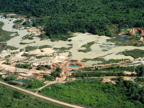Aerial view of gold mining area in Amazon forest region, Para state, Brazil