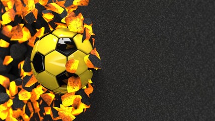 Black-Yellow Soccer ball breaking with great force through a hot iron wall under spot light background. 3D high quality rendering. 3D illustration.