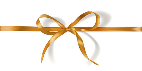 Golden bow made of narrow ribbon with shadow on white background. Horizontal arrangement