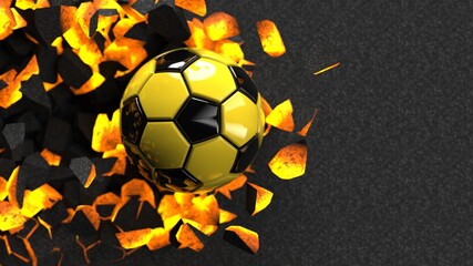 Black-Yellow Soccer ball breaking with great force through a hot iron wall under spot light background. 3D high quality rendering. 3D illustration.