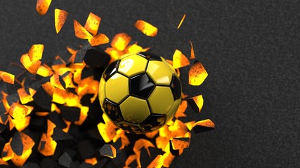 Black-Yellow Soccer ball breaking with great force through a hot iron wall under spot light background. 3D high quality rendering. 3D illustration.