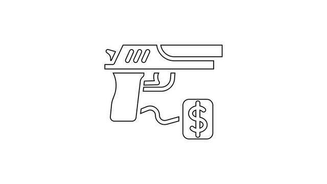 Black line Buying gun pistol with price tag icon isolated on white background. Buying weapon. 4K Video motion graphic animation.