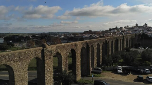 Aqueduct of  Evora, historical village of Portugal. Aerial Drone Footage