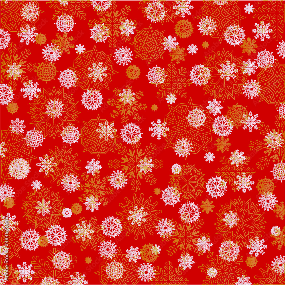 Poster christmas falling snowflake on red backdrop. snowflakes pattern. christmas background of big and sma