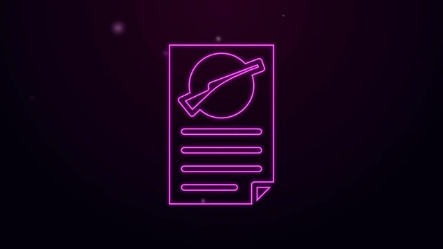 Glowing neon line Firearms license certificate icon isolated on black background. Weapon permit. 4K Video motion graphic animation.