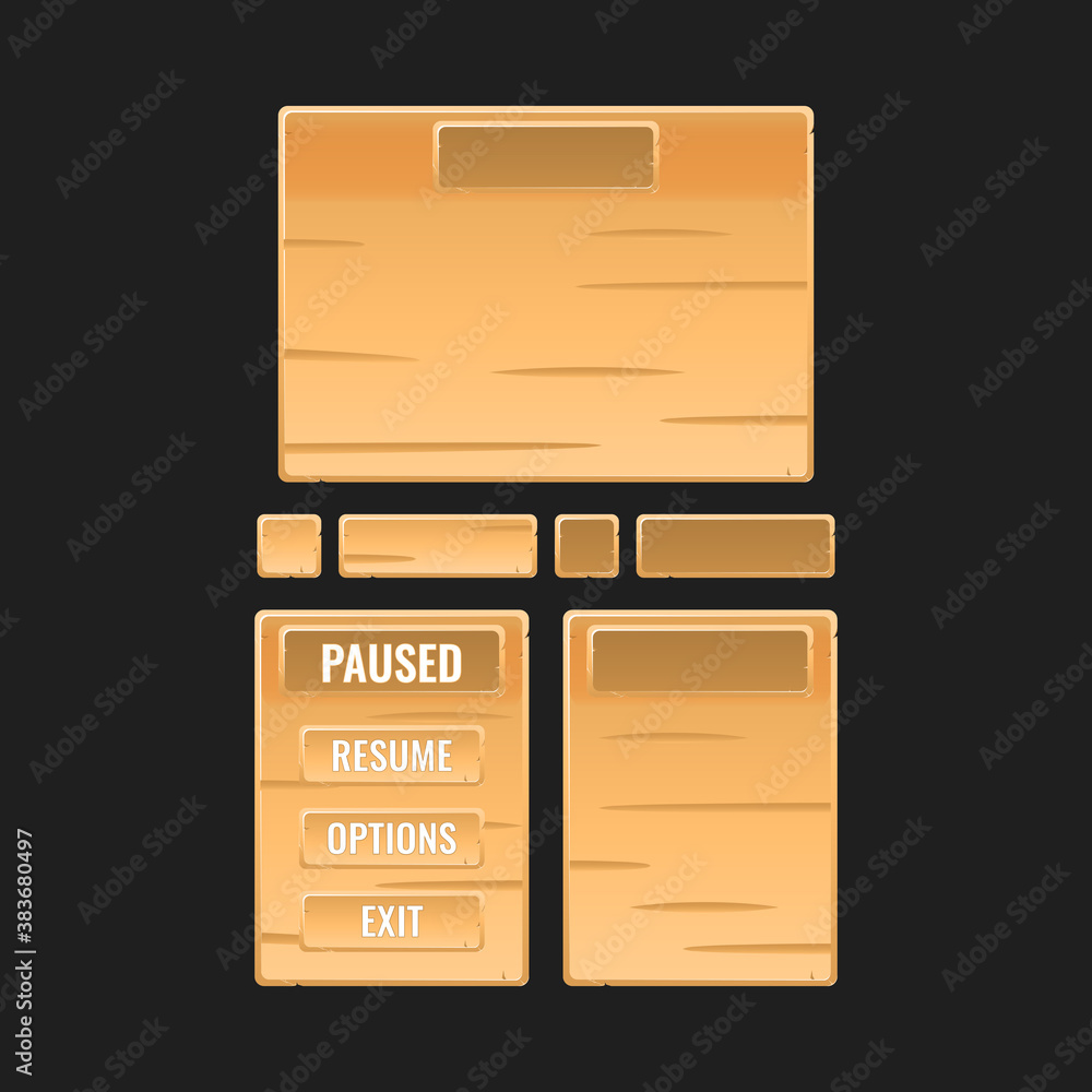 Poster set of wooden board pop up frame for game ui asset elements vector illustration
