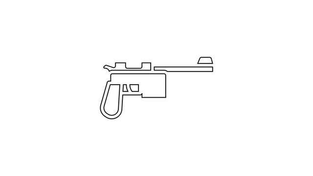 Black line Mauser gun icon isolated on white background. Mauser C96 is a semi-automatic pistol. 4K Video motion graphic animation.