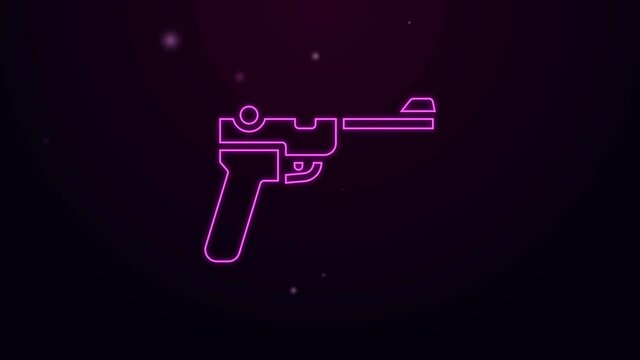 Glowing neon line Mauser gun icon isolated on black background. Mauser C96 is a semi-automatic pistol. 4K Video motion graphic animation.